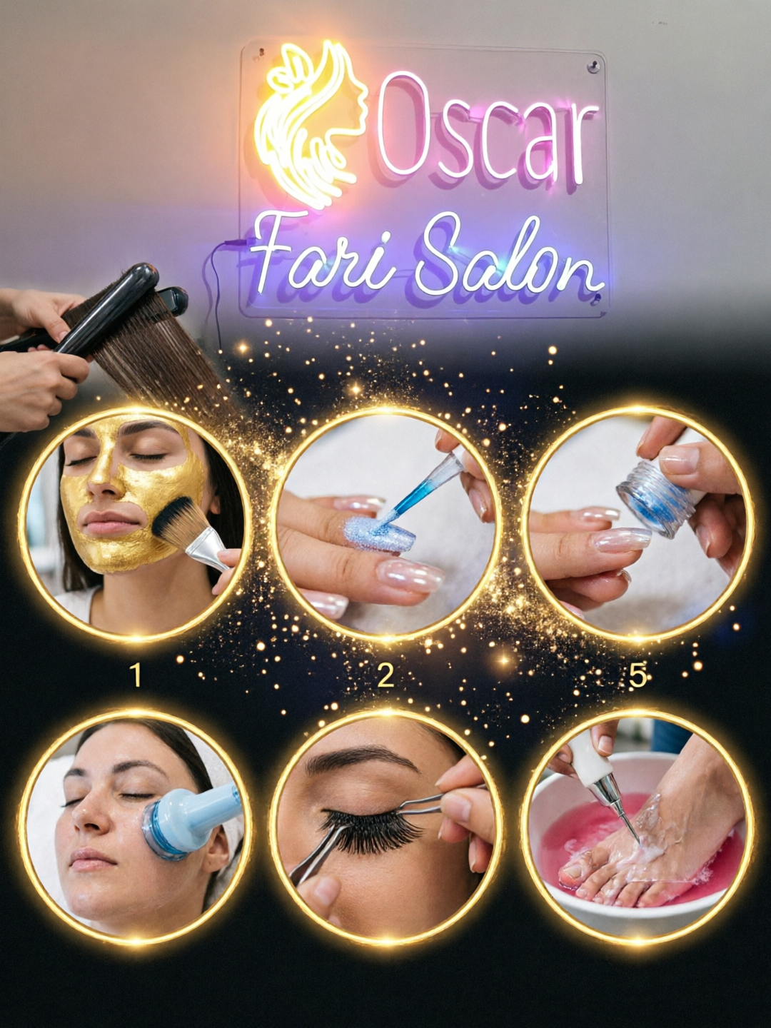 Professional beauty treatment at Oscar Fari Salon Lahore — neon sign interior